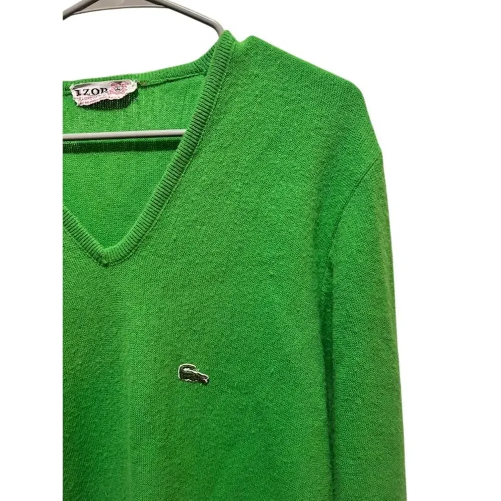 Vintage IZOD Lacoste Green V-Neck Sweater Men's Alligator sz Small Preppy 80s - Picture 2 of 5